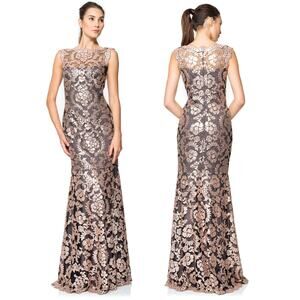 Tadashi Shoji Paillette Embroidered Lace Pink Gown Size 6 Maxi Black Tie